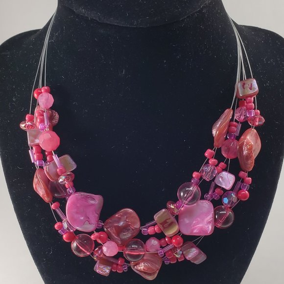 Jewelry - Pink Beads & Shell Multi-Row Statement Necklace